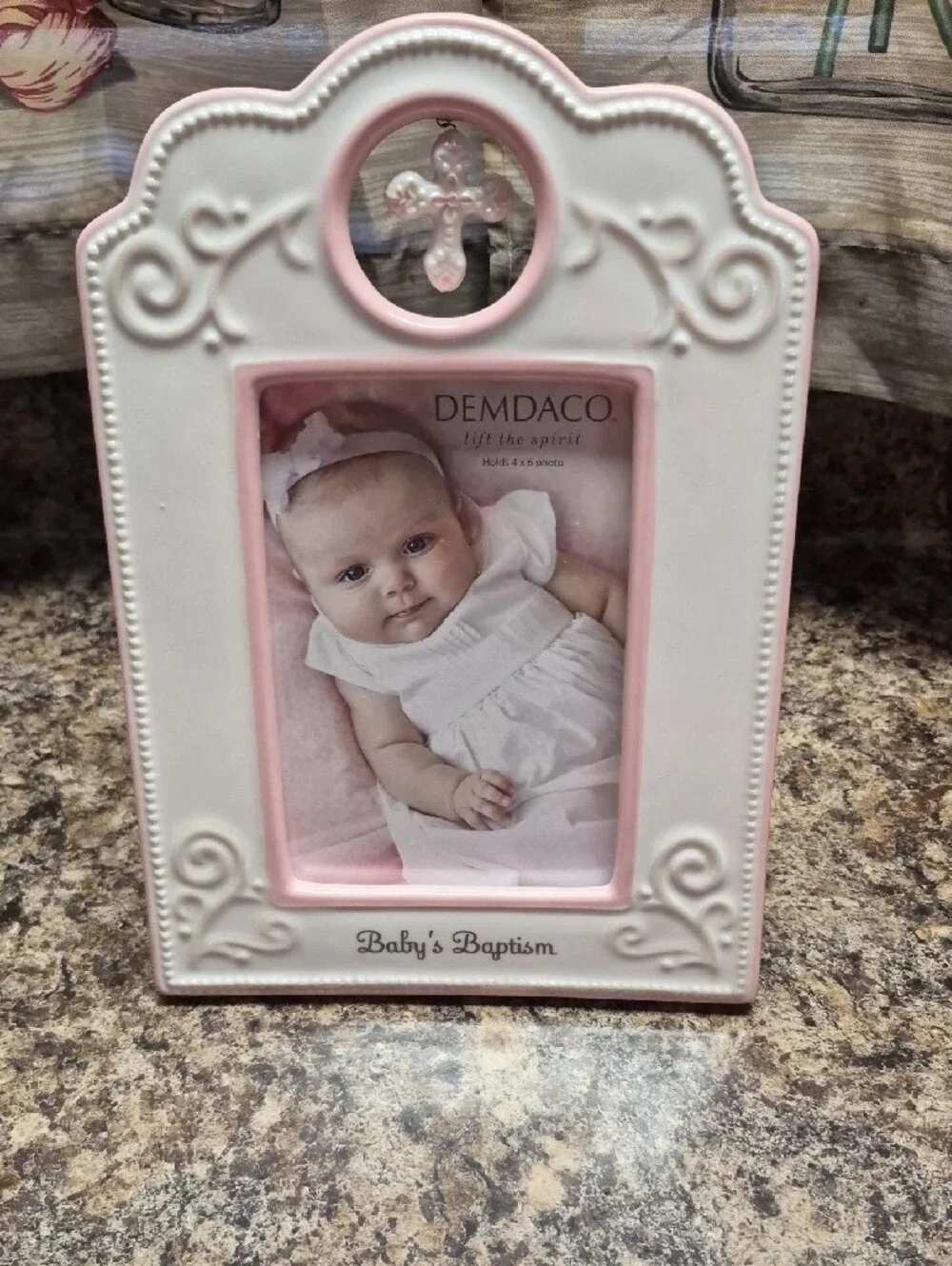 NEW. Demdaco Pink and White Baby Baptism Frame with Cross Accent